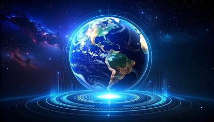 A radiant depiction of Earth suspended in a digital interface, surrounded by nebulae and illuminated by celestial light
