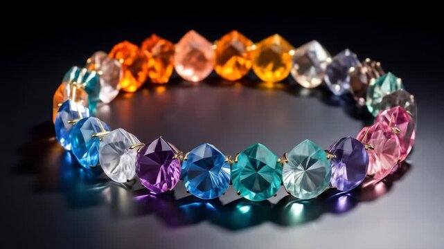 Vibrant Rainbow Gemstone Bracelet with Faceted Jewels on Dark Background.