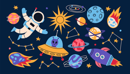 Collection of cartoon space doodles. Galactic elements, planets, asteroid, meteorite, rocket, UFO, constellation and astronaut. Trendy colorful groovy illustration. © v.iraa