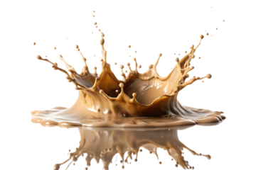 Brown liquid splash crown shape with droplets isolated on a transparent background