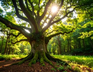 Fototapeta premium Majestic tree in a sunlit forest