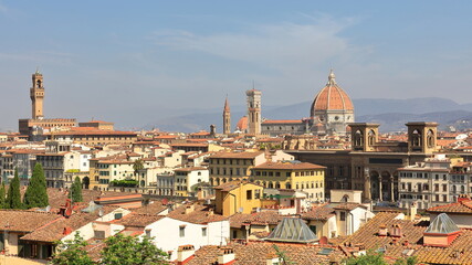 Fototapeta premium Monuments (Palazzo Vecchio, Duomo, National Library) in the historic center seen NW-ward in the morning from San Miniato hill. Florence-Tuscany-351