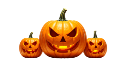 Three glowing jack o lanterns isolated on transparent background for halloween