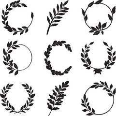 Fototapeta premium A collection of Black Laurel wreaths hand drawn silhouette vector, black and white silhouette vector illustration