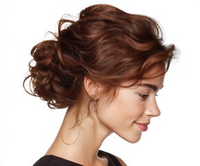 A woman's profile displays a sophisticated updo and delicate earrings, highlighting the beauty of styled hair and elegant jewelry.