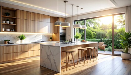Fototapeta premium Sunlit Modern Kitchen with Wood Cabinets Marble Island and Garden View