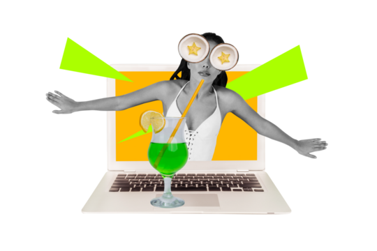 Creative collage image young girl beach bikini outfit coconut eyes mojito cocktail beverage drink laptop resort vacation summer rejoice