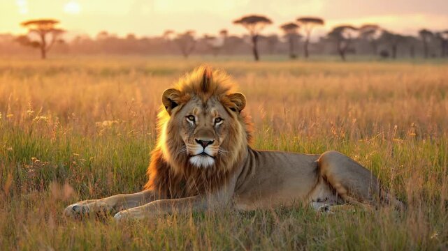 Male lion resting in the savanna, bathed in warm sunset light 