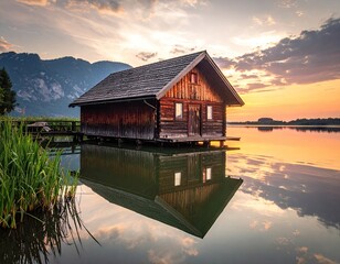 Fototapeta premium Lake House Sunset Reflection