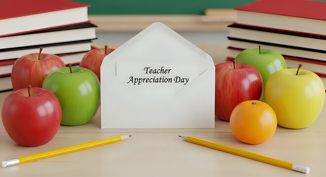 Teacher appreciation day card with apples books pencils and an orange on a wooden surface - Powered by Adobe