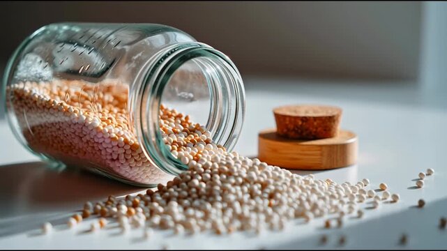 Side view close-up of a transparent jar tipped over, spilling small white and orange pellets onto a white surface, representing polymer or chemical granules in industry.