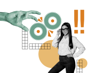 Composite photo collage of pretty businesswoman hold glasses gears development exclamation mark progress isolated on painted background