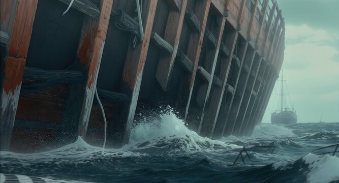 Large cargo ship listing heavily in rough seas, waves crashing against its hull.