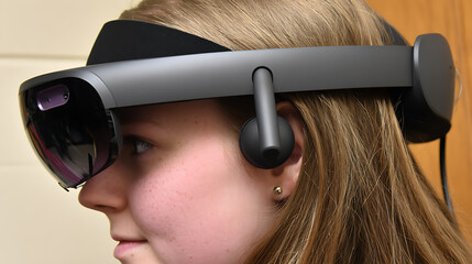 Person wearing augmented reality headset with transparent display and headband