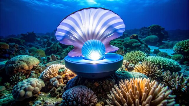 Mysterious Glowing Pearl in a Giant Clam Underwater.