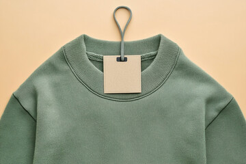 Topdown shot of a green sweatshirt with a blank tag, suspended by a hanger against a neutral background, ideal for fashion, retail, and product mockups