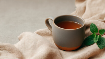Warm cup of tea on a soft fabric background.
