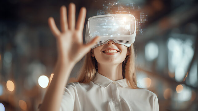 Woman wearing virtual reality headset interacts with digital interface in futuristic setting