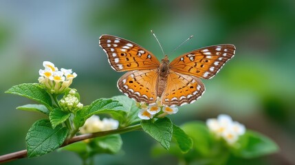 Fototapeta premium A vibrant butterfly with orange wings perched on delicate white flowers amidst lush green foliage.