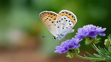 Obraz premium A delicate butterfly rests on vibrant purple flowers, showcasing its intricate wings and adding beauty to the natural scene.