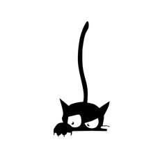 A stealthy and mischievous black cat peeking over an edge with wide, cunning eyes and an expressive paw. Perfect for humorous and playful designs.