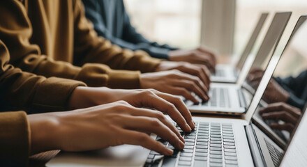 Team collaborating on laptops in modern workspace focused on digital projects showcasing productivity and teamwork in a bright, innovative environment