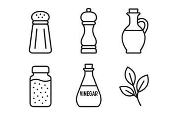 Set of spice icons: salt, pepper, vinegar, herbs, and olive oil outlined