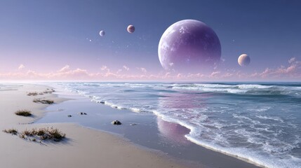 A serene beach scene featuring gentle waves, sand, and a stunning purple planet with smaller moons in a pastel sky.