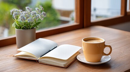 A cozy scene featuring a cup of coffee, an open notebook, and a potted plant by a window, creating a peaceful and inviting atmosphere.