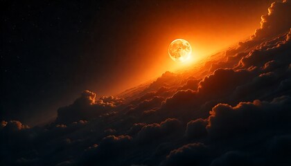 Ethereal full moon illuminating dramatic fiery clouds and distant stars, creating a celestial, otherworldly atmosphere for cosmic themes