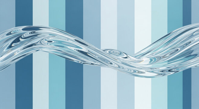 Stunning abstract flowing clear glass ribbon on vibrant blue gradient stripes, a modern design element perfect for creative projects, evoking serenity and clarity
