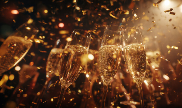 Celebrate with sparkling drinks and golden confetti during a lively party atmosphere filled with joy and excitement at midnight - Powered by Adobe