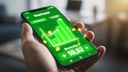 Smartphone Displaying Financial App with Green Theme, Bar Graph, Digital Coins, and Growth Chart Highlighting Mobile Banking, Digital Finance, and Investment Success - Powered by Adobe