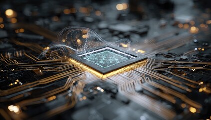 Close-up of a circuit board with a central processor