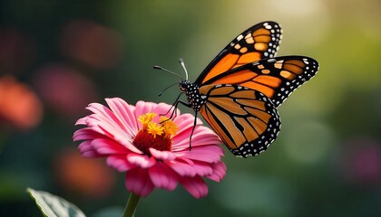 Fototapeta premium Vibrant monarch butterfly graces a delicate pink zinnia flower in soft, sunlit garden, showcasing nature's exquisite beauty and delicate transformation.