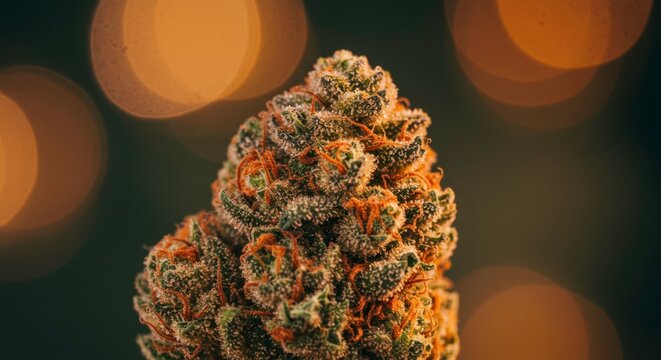 Close up of cannabis bud illuminated by soft bokeh for a calm and relaxing mood