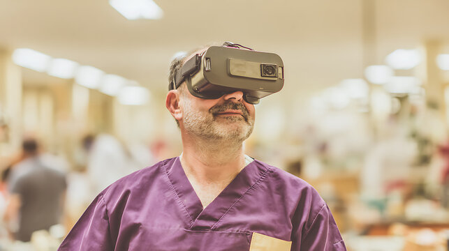 Medical professional wearing virtual reality headset in clinical setting