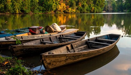 Obraz premium Rustic wooden boats on a tranquil river