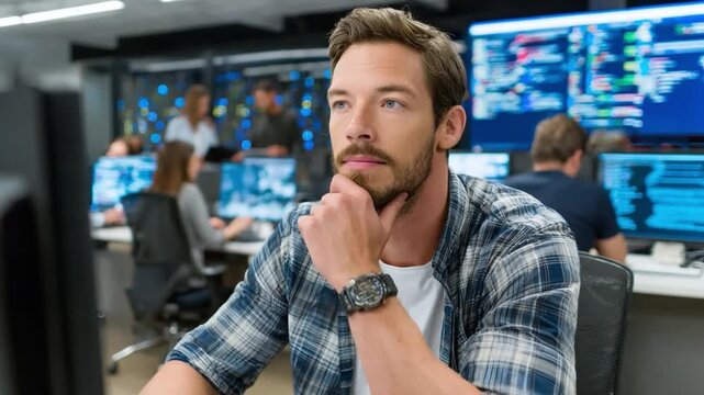 Introspective Data Analyst: A focused individual, in a professional setting, engrossed in data analysis, pondering strategic insights amidst a modern workspace and display monitors. 