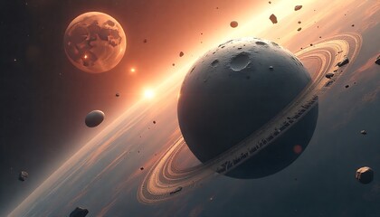 Journey through a vibrant alien solar system with a ringed planet, distant red moon, and scattered asteroids bathed in golden sunlight.