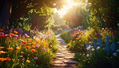 Sunlit Stone Pathway Through Vibrant Flower Garden with Trees and Natural Light in Background