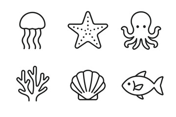 Naklejka premium Marine life icons: jellyfish, starfish, octopus, coral, shell, fish illustrations