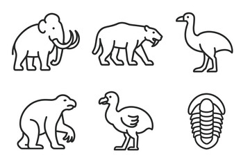 Naklejka premium Outline icons of extinct animals: mammoth, saber-toothed cat, dodo, and more