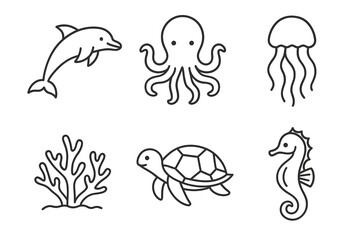 Outline illustrations of marine animals including dolphin, octopus, and seahorse