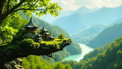 Landscape of Green Plants and Architecture in the Mountains