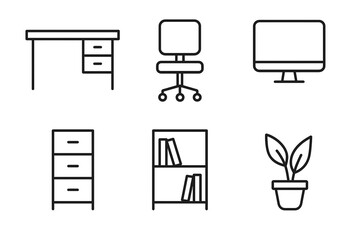 Minimalist office icons set featuring desk, chair, monitor, cabinet, bookshelf, and potted plant