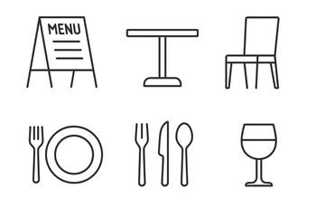 Minimalist line art of menu, table, chair, plate, cutlery, and wine glass icons