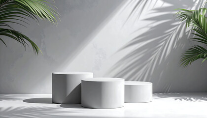 Trio of minimalist podiums in gray with soft tropical palm leaf shadows. Product display podium design, perfect for presenting merchandise, cosmetics, electronics.