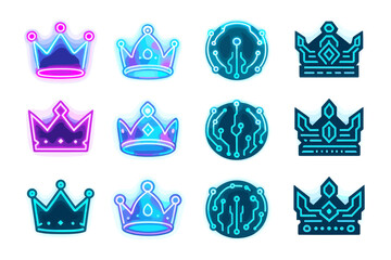 Collection of neon and circuit-themed crown icons in various designs