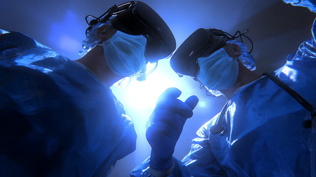 Medical professionals using virtual reality headsets during a surgical procedure, illuminated by bright light.